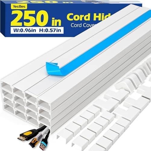 250in Cord Hider Kit, Cord Covers for Wires on Wall, Paintable Cable Raceway, Cord Hider for Wall Mount tv, tv Cable Hider Wall kit, Wire Covers for Cords, 16X L15.75 X W0.96in X H0.57in, White by YesBes