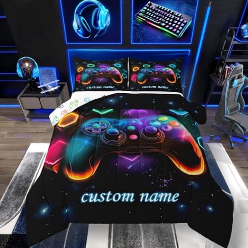 Custom Name Game Consoles Gaming Bedding Set Queen,Personalized Gaming Comforter Sets for Boys Space Glow Geometric Kids Comforter Sets Boys Red Green Blue Teal,Game Room Decor Kids Bedroom Decor by Erosebridal