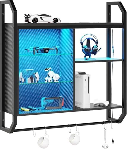 Bestier LED Gaming Floating Shelves, 34" Wall Mounted Shelf Pipe Shelves Hanging Display Rack Bookshelf with 6 S-Hook, Gaming Room Decor Wine Coffee Bar, Black Carbon Fiber by Bestier