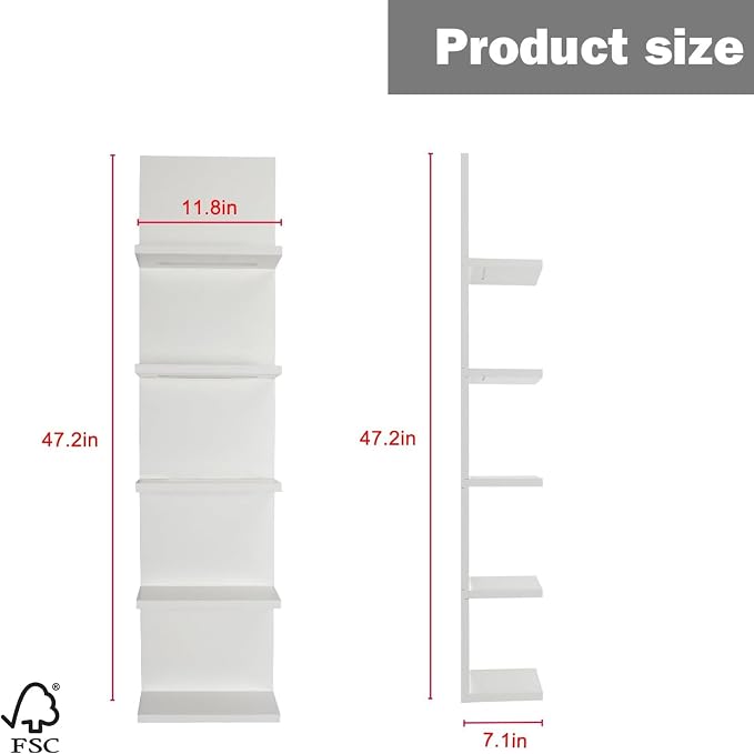 VIWODS 5-Tier Wall Shelf Unit with Light, White - Image 2
