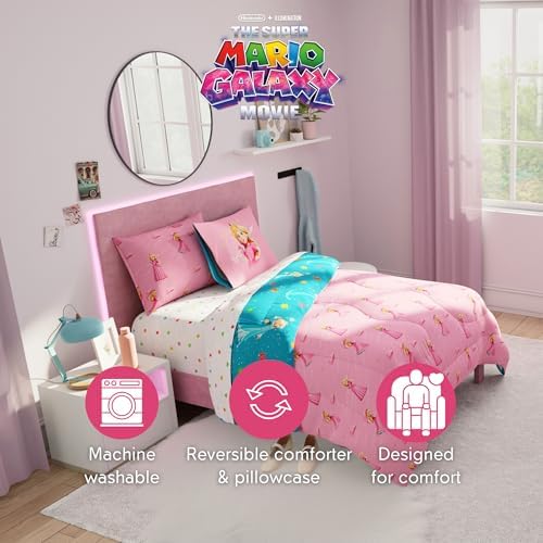 The Super Mario Galaxy Movie Bedding Set, Full Size 7 Piece Set Kids Super Soft Cozy Reversible Comforter and Sheet Set with Sham, Princess Peach (100% Officially Licensed Product) by Franco - Image 3