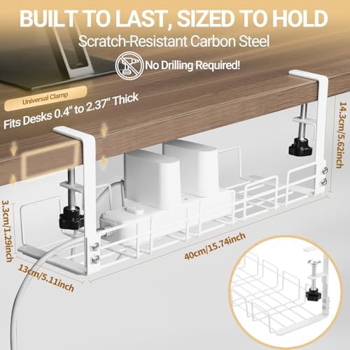 Under Desk Cable Management Tray, 15.7'' Metal Wire Organizer with Clamp, No Drill Desk Cord Rack for Cable Management, Computer Wire Organizer for Office and Home, Sturdy & Scratch-Free - Image 4
