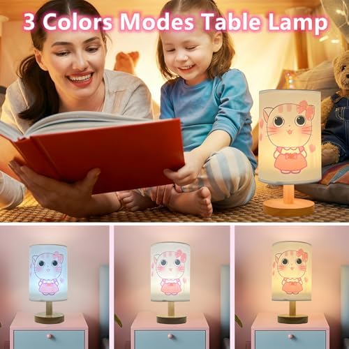 Pink Kitty Kids Table Lamp for Bedroom Girls Bedside Lamps 3 Colors Dimmable Nightstand Cat Night Light with Cartoon lampshade Desk Lamp for Girls Boys Room Nursery Decor,Kitty Gifts for Girl - Image 2