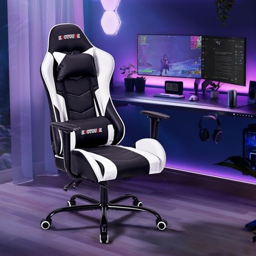 ECOTOUGE White Ergonomic PC Gaming Chair with Massage & Recline | Office Desk Chair, Racing PU Leather, Swivel Rocker, Headrest, Lumbar Pillow, Adjustable Height, Sturdy Base - Image 2
