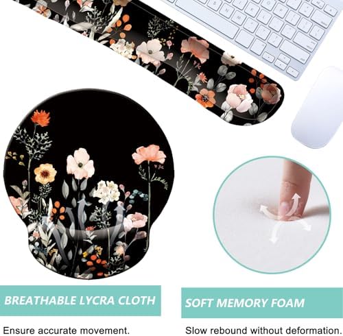 Keyboard Wrist Rest Pad Mouse Pad with Wrist Support Set of 3, Mousepad with Non-Slip Rubber Base, Ergonomic Memory Foam Mouse Wrist Cushion Support for Home Office Laptop Computer, Flower Black - Image 3