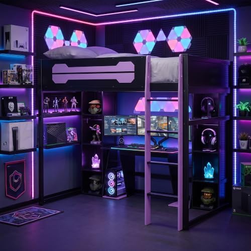 Merax Full Size Gaming Loft Bed with Desk and Built-in Wardrobe & Cabinets - Image 3