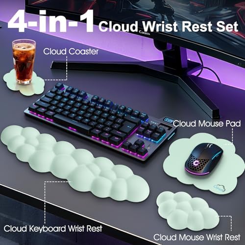 Cloud Wrist Rest Keyboard Cushion and Cloud Mouse Pad, Light Green | 4-in-1 Ergonomic Cloud Keyboard Wrist Rest Set, Memory Foam, Arm Support for Palm, Cute Desk Accessory for PC Gaming Setup - Image 2