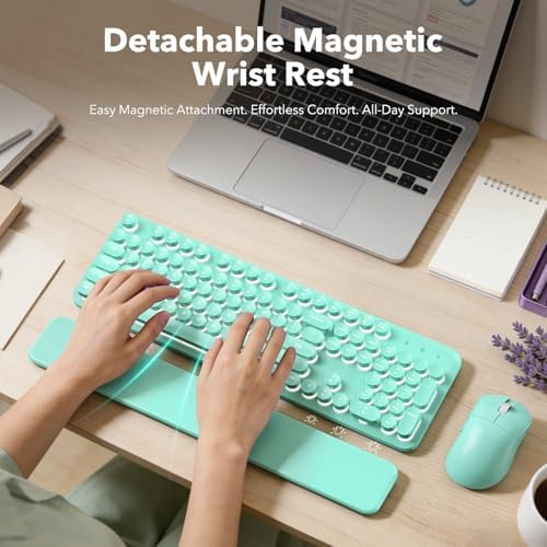 Wireless Keyboard and Mouse Combo, Backlit Round Keycaps, Retro Typewriter Keyboard with Detachable Wrist Rest, Rechargeable & Tilt Legs, 2.4GHz Cordless Connection for Windows/PC (Glowing Turquoise) - Image 3