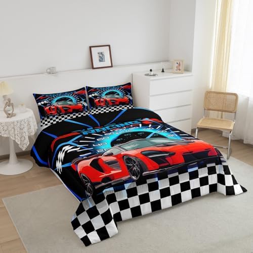 Feelyou Sports Car Comforter Red Race Car Comforter Set King for Kids Boys Girls Extreme Sports Theme Bedding Set Cool Speed Luxury Car Decor Quilt Set with 2 Pillowcase 3Pcs - Image 2
