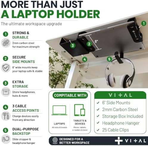 VI+AL Under Desk Laptop Mount - Hidden Metal Shelf with Side Storage, Hook & Cable Organizer - Installs with Tape & Screws - Fits Devices up to 1.7" Thick - Deluxe + LED (USB Light Strip & Remote) - Image 4