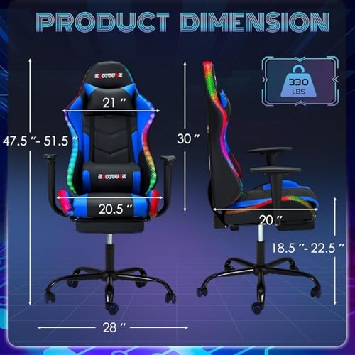 ECOTOUGE Gaming Chair Computer Chair with RGB LED Lights & Massage | High Back Ergonomic Chair for Adults with Footrest and Swivel Seat, Linkage Armrests& Headrest Lumbar Support, Black&Blue - Image 3