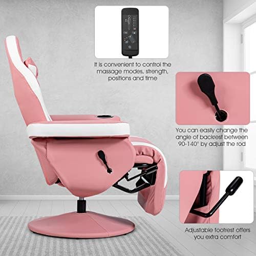 Goplus Pink Massage Gaming Chair, Racing Style Gaming Recliner w/Adjustable Backrest and Footrest, Ergonomic High Back PU Leather Computer Office Chair Swivel Game Chair w/Cup Holder and Side Pouch - Image 6