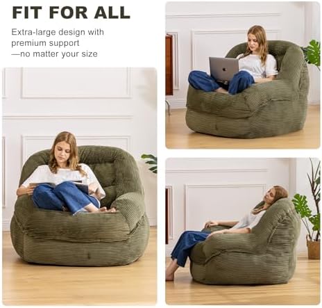 Giant Bean Bag Chair for Adults, Oversized Floor Lounge Chair with Armrests | Olive Green, soft corduroy and resilient foam for living rooms, bedrooms, reading nooks, gaming rooms, movie nights, and pets - Image 5