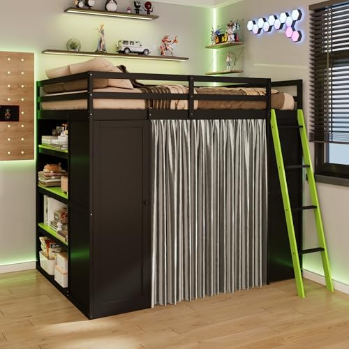 Merax Full Size Loft Bed with Desk and 6 Storage Shelves, Wardrobe, Blackout Curtain, Sturdy Wood Gaming Loft Bunk Bed Frame with USB Port & RGB Lights, No Box Spring Need, Space-Saving, Black+Green - Image 5