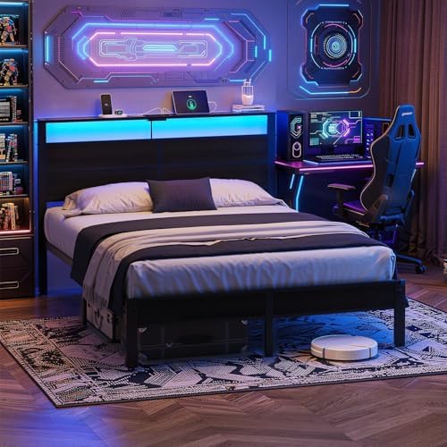 Queen Size Bed Frame with LED Lights and Charging Station Headboard - Image 3