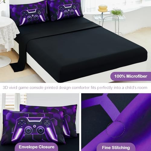 URBONUR 6Pcs Kids Gaming Comforter Set Queen Size for Teen Boy Black Purple - Image 6