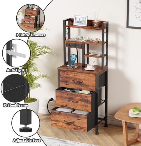 Furnulem Tall Nightstand, 45.3" Bedside Table & End Table, 3 Fabric Drawers - Image 4