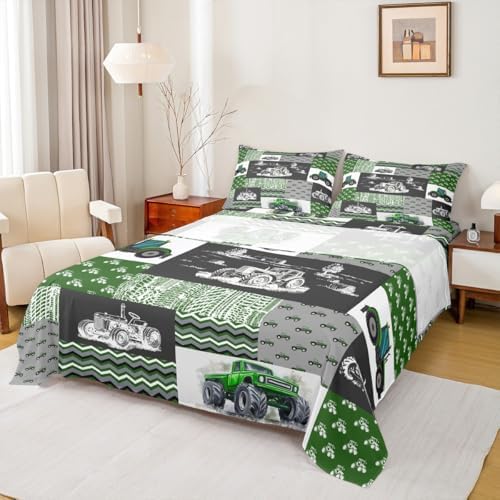 Erosebridal Green Tractor Bed Sheets Queen Size Farm Vehicle Truck Bedding Set Cartoon Equipment Construction Harvester Sheet Set for Kids Boys Car Bedroom Decor with 2 Pillowcases, Grey - Image 3