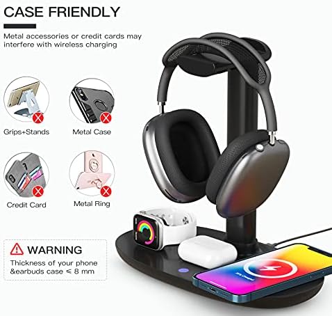 Headphone Stand with 15w Wireless Charger, Suguder 4 in 1 Charging Station Headset Holder for AirPods Max/Pro/4/3/2 iWatch 10/9/8/7/6/5/4/3/2/1/SE iPhone 17/16/15/14/13/12/11/X for Desktop Table Game - Image 5