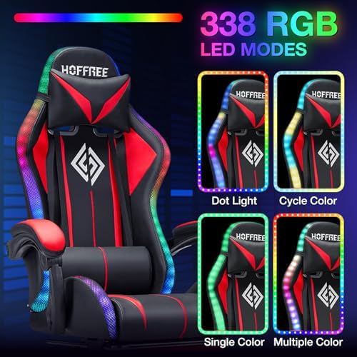 HOFFREE LED Gaming Chair with Massage RGB Lights Computer Game Chair-Red | Ergonomic Reclining Gamer Chair with Footrest High Back Video Game Chair with Adjustable Lumbar Support Linkage Armrest - Image 4