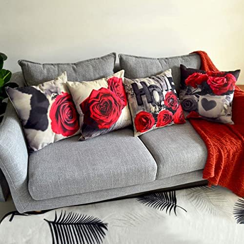 Red Christmas Pillow Covers for Couch Living Room Decor 20x20" Set of 4, Cotton Linen Square Rose Floral Throw Pillow Cover Black Gray Flower Decorative Cushion Case Sofa Bed Bedroom Home Decorations - Image 3