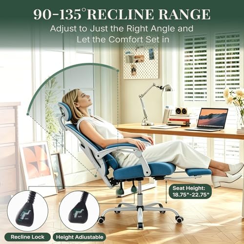 Ergonomic Office Chair with Footrest, Computer Gaming Chair | Adjustable Headrest, Lumbar Support, Swivel Reclining, Padded Armrest, Mesh High Back, Home Desk Work Study, Blue - Image 5