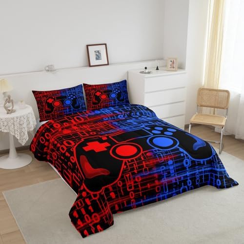 Feelyou Red and Blue Gamer Comforter Set Toddler Size, Gamer Bedding Set for Kids Game Comforter Gaming Duvet Set Game Room Decor 2Pcs - Image 2