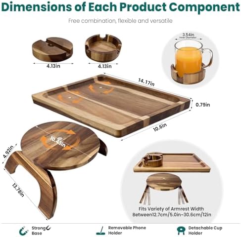 360° Detachable Rotating Acacia Wood Sofa Arm Tray Table, Serving Tray Clip On Couch Armrest Table with Cup Holder & Phone Stand, TV Dinner Tray for Eating on Sofa, TV Trays Fits for Small Spaces - Image 3