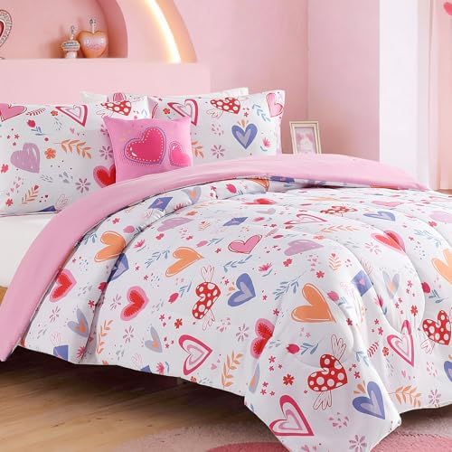 Twin Comforter Set for Girls - 3 Pieces Pink Hearts Twin Bedding Sets - Image 2