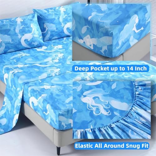 SDIII 4PCS Oil Painting Style Blue Mermaid Sheets Twin Set, Microfiber Princess Sheets Twin, Painterly Blue Mermaid Princess Bedding Sheet for Girls - Image 5