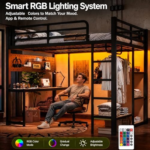 Bellemave Metal Full Size Loft Bed with Desk and LED Lights,Heavy Duty Loft Bed Frame with Storage Shelves and Charging Station for Kids,Teens,Adults, Space Saving,Black - Image 3