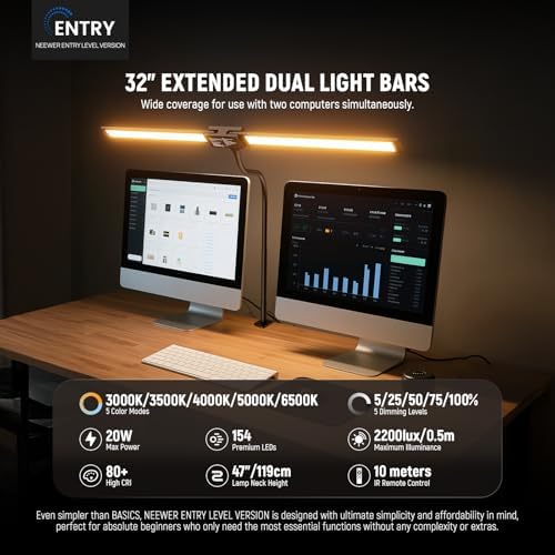 NEEWER Entry Level Version 32" LED Light with Clamp for Desk Home Office Dorm Designer Drafting, 20W Dual Computer Monitor Architect Lamp Bar, Flexible Overhead 2200lux/Remote/5 Modes CRI80+, N21 - Image 2
