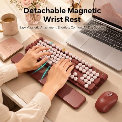 Wireless Keyboard and Mouse Combo, Round Keycaps, Full-Size Retro Typewriter Keyboard with Magnetic Wrist Rest, Tilt Legs, 2.4GHz Cordless for Mac, Windows PC, Laptop, SABLUTE CK23, Burgundy Red - Image 2