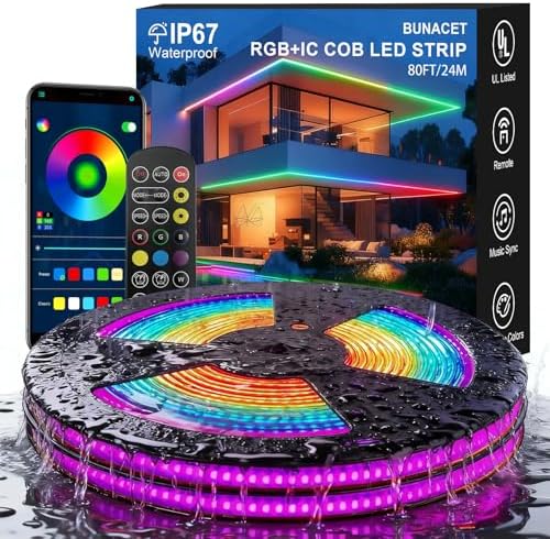 80ft COB RGB+IC LED Strip Lights, Bright Dream Color COB LED Light Strip by BUNACET