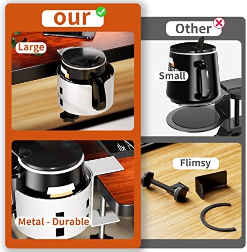 Upgraded Large Desk Cup Holder Clamp, Anti-Spill Cup Holder for Table, Durable 5 Adjustable Directions, Metal Office & PC Gaming Desk Accessories, Enough to Hold Coffee Cups, Water Bottles, White - Image 2