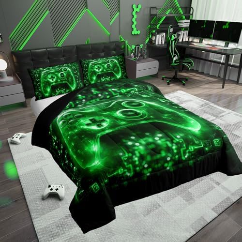 Feelyou Kids Boys Gamer Comforter Set Video Game Gamepad Queen Size Bedding Set for Teens Green Black Game Gaming Comforter Soft Microfiber - Image 2