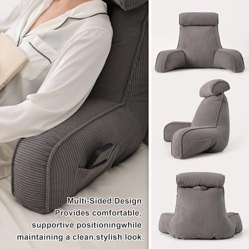 Reading Pillow for Sitting Up in Bed, Sofa & Floor – Corduroy Backrest Pillow with Arms, Side Pockets & Washable Cover, Bed Rest Pillow Back Support, Dark Grey - Image 4
