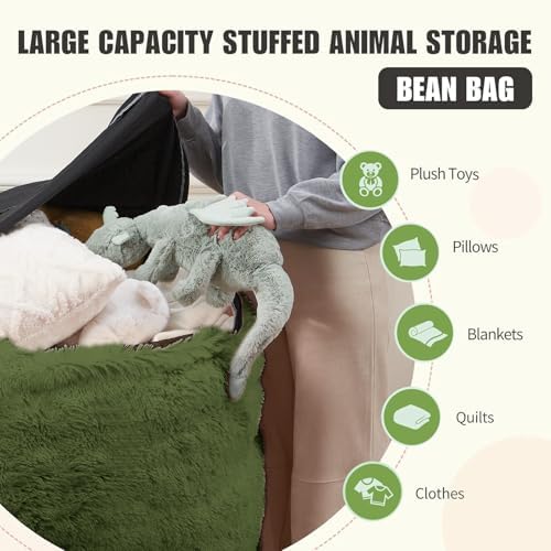 Bean Bag Cover (No Filler), Faux Fur Beanbag Chairs Covers Only, Stuffed Animal Storage Bean Bag, Giant Washable Beanbag Cover Without Filling, 5FT, Dark Green - Image 3
