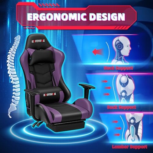 ECOTOUGE Violet Ergonomic PC Massage Gaming Chair with Footrest | Reclining Racing PU Leather, Swivel Rocker, Headrest, Lumbar Pillow, Office Desk Chair, Adjustable Height, Sturdy Base - Image 4