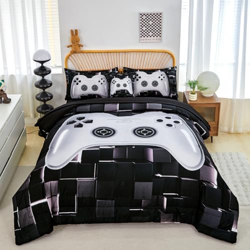 PERFEMET 6 Pieces Bed in A Bag Gamer Comforter Set Queen Size-Black White Game Console Bedding Set for Boys Girls-Soft Comfy 3D Cool Video Game Kids Bed Set(White, Queen) by PERFEMET