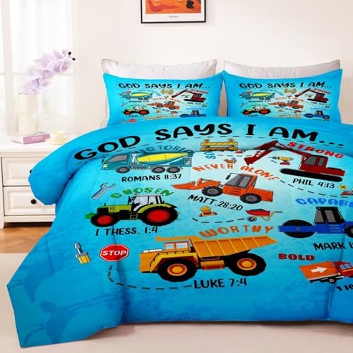 Boys Construction Vehicles Truck Comforter Set Twin,Christian Kids God Says I Am Construction Bedding Set,Car Excavator Tractor Bedroom Set（1 Comforter 2 Pillowcase） Blue - Image 2