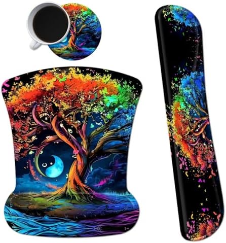 Ergonomic Mouse Pad with Wrist Support Gel Mouse Pads and Upgrade Keyboard Wrist Rest Pad Set, Coasters Non-Slip PU Base Mouse Mat for Office Gaming Computer Laptop Home, Colored Trees by Dikoer