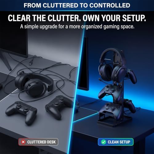 Headset Stand, Metal Controller Holder with 4 Adjustable Hooks, Black Headphone Stand for Desk, Controller Organizer Rack for Game Controllers & Gaming Accessories, Gift for Men Son Husband Boyfriend - Image 5