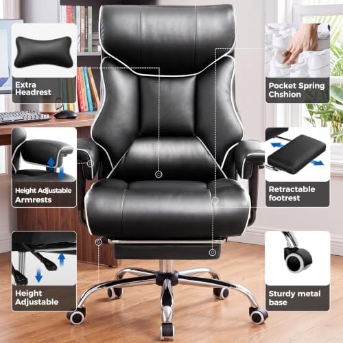 COMHOMA Big and Tall Office Chair,Heavy Duty Gaming Chair with Foot Rest and Wide Pocket Spring Cushion Reclining Height Adjustable for Home Office Work, Comfy Pu Leather Black-White - Image 5