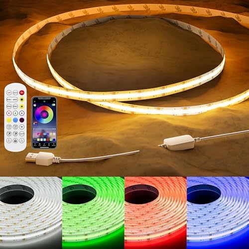 PAUTIX 5V USB RGB COB LED Strip Light 4.92ft/1.5m Color Changing Strip Lights,TV Backlight Multicolor Flexible Under Cabinet Tape Lights with Bluetooth Control for Bedroom,Kitchen,Home DIY Lighting by PAUTIX
