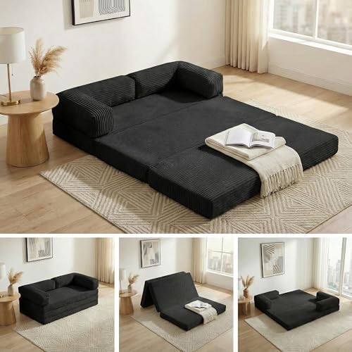 Convertible Sofa Bed Full,5-in-1 Tri-Fold Boneless Couch with Removable Armrests & Handle,Corduroy Futon Sleeper Sofa,Floor Folding Mattress Pull Out Bed for Small Space Apartment Bedroom Black by NLDDTrailblazersTreasures