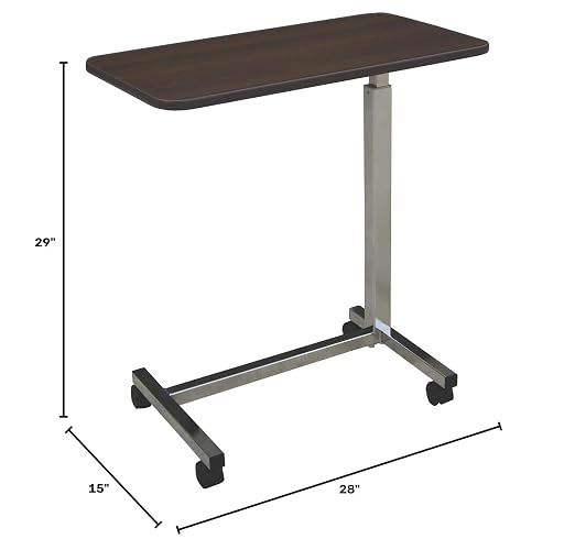 Medline Economy Overbed Table with Wheels - Versatile Use for Home, Nursing Home, Assisted Living or Hospital - Walnut Top, Silver Hammertone Base - Adjustable & Portable - Image 3