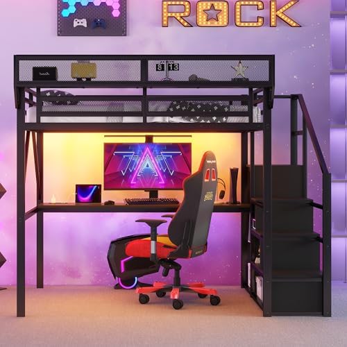 KEIKI Queen Size Metal Loft Bed Frame with Desk, Staircase, Built-in Storage Shelves and Wardrobe, Modern Loft Bed with Solid Slat, Guardrail, No Box Spring Required, Easy Assembly, for Bedroom, Black - Image 3