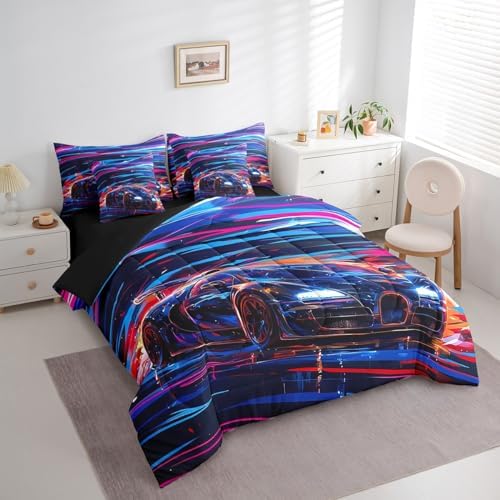 Feelyou Race Car Bedding Set 7 Piece Boys Girls Speed Sports Car King Comforter Set with Sheets for Kids Extreme Sports Bed in a Bag Trippy Automobile Colorful Bed Set Room Decor - Image 2