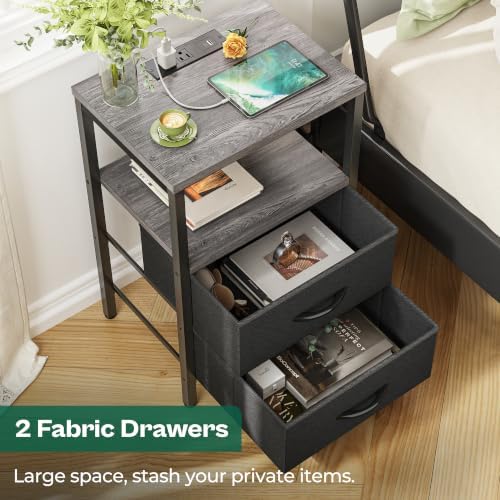 Huuger Nightstand with Charging Station, Side Table with Fabric Drawers, End Table with Open Shelf, Bedside Table with USB Ports and Outlets, Night Stand for Bedroom, Charcoal Gray - Image 4